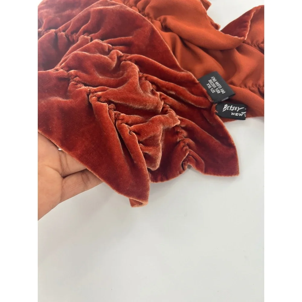 Vintage Betsey Johnson Rust Silk Blend Velvet Ruffled Scrunch Scarf Maximalist